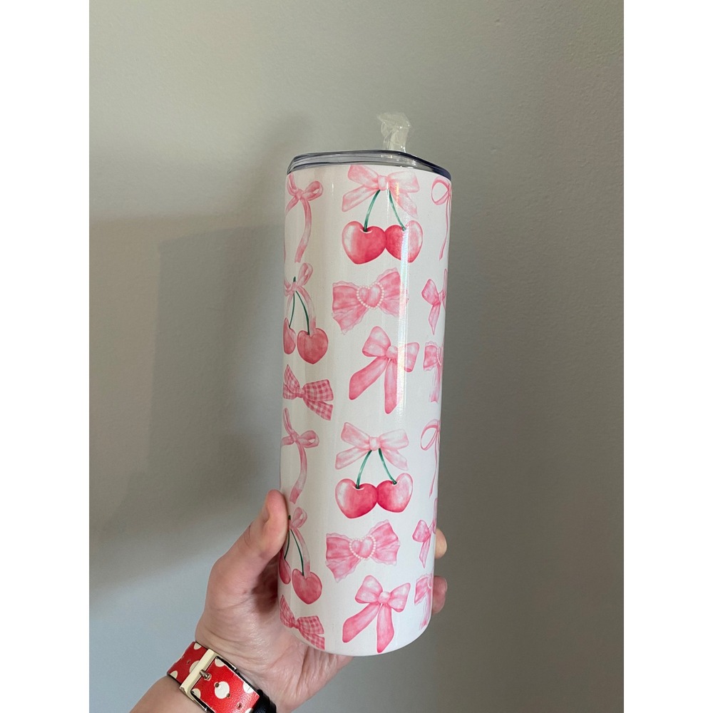 Pink Cherry Bow Tumbler Unisex 20oz White Watercolor Coquette Insulated Cup